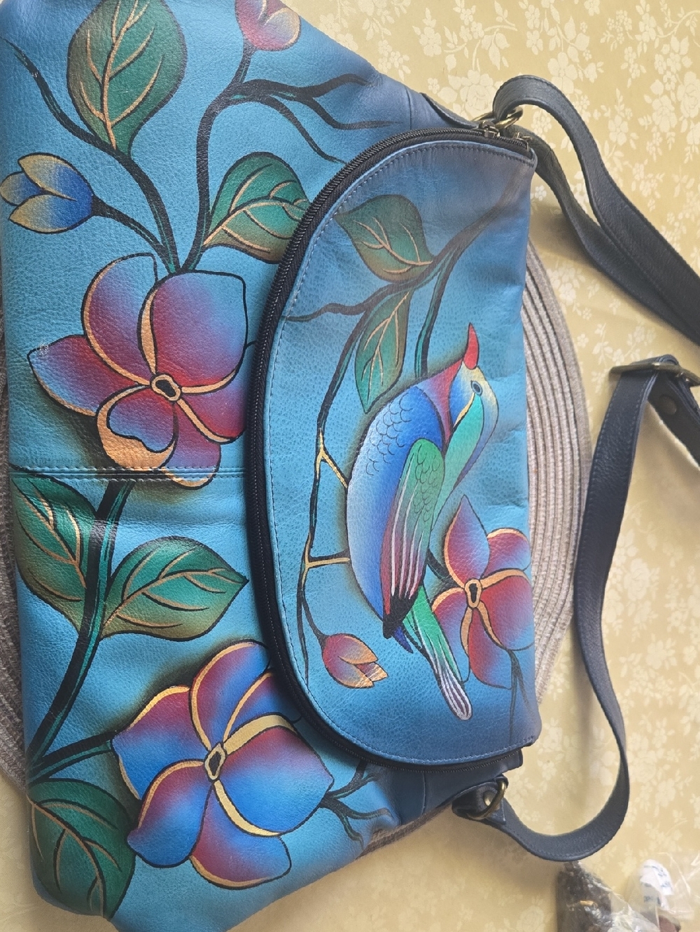 Hand-Painted Blue Floral & Bird Crossbody Bag..ANNA BY ANUSCHKA.NWOT
